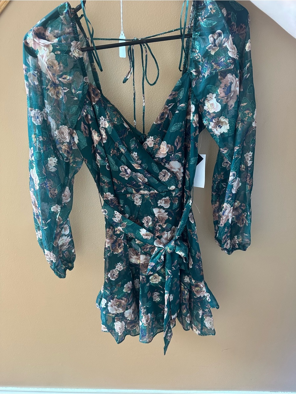 Floral Wrap Mini Dress - Emerald Green